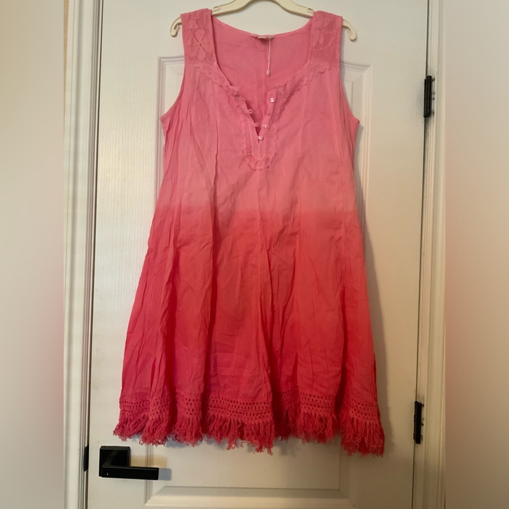 Pure by Exist pink Ombre Sleeveless Boho  Tank Dress Swim Cover Up buttons,lined
